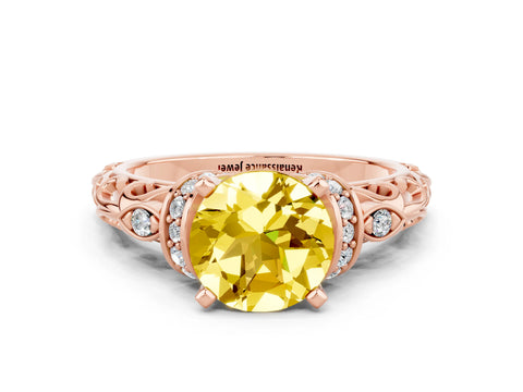 Rose gold Round Cut Yellow Sapphire Solitaire Ring with Filigree Band and Four-Prong Setting_48