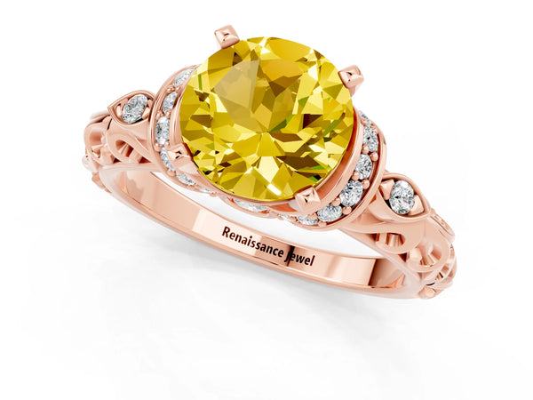 Rose gold Round Cut Yellow Sapphire Solitaire Ring with Filigree Band and Four-Prong Setting
