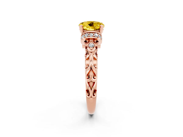 Rose gold Round Cut Yellow Sapphire Solitaire Ring with Filigree Band and Four-Prong Setting