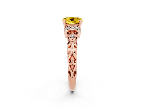 Rose gold Round Cut Yellow Sapphire Solitaire Ring with Filigree Band and Four-Prong Setting_50