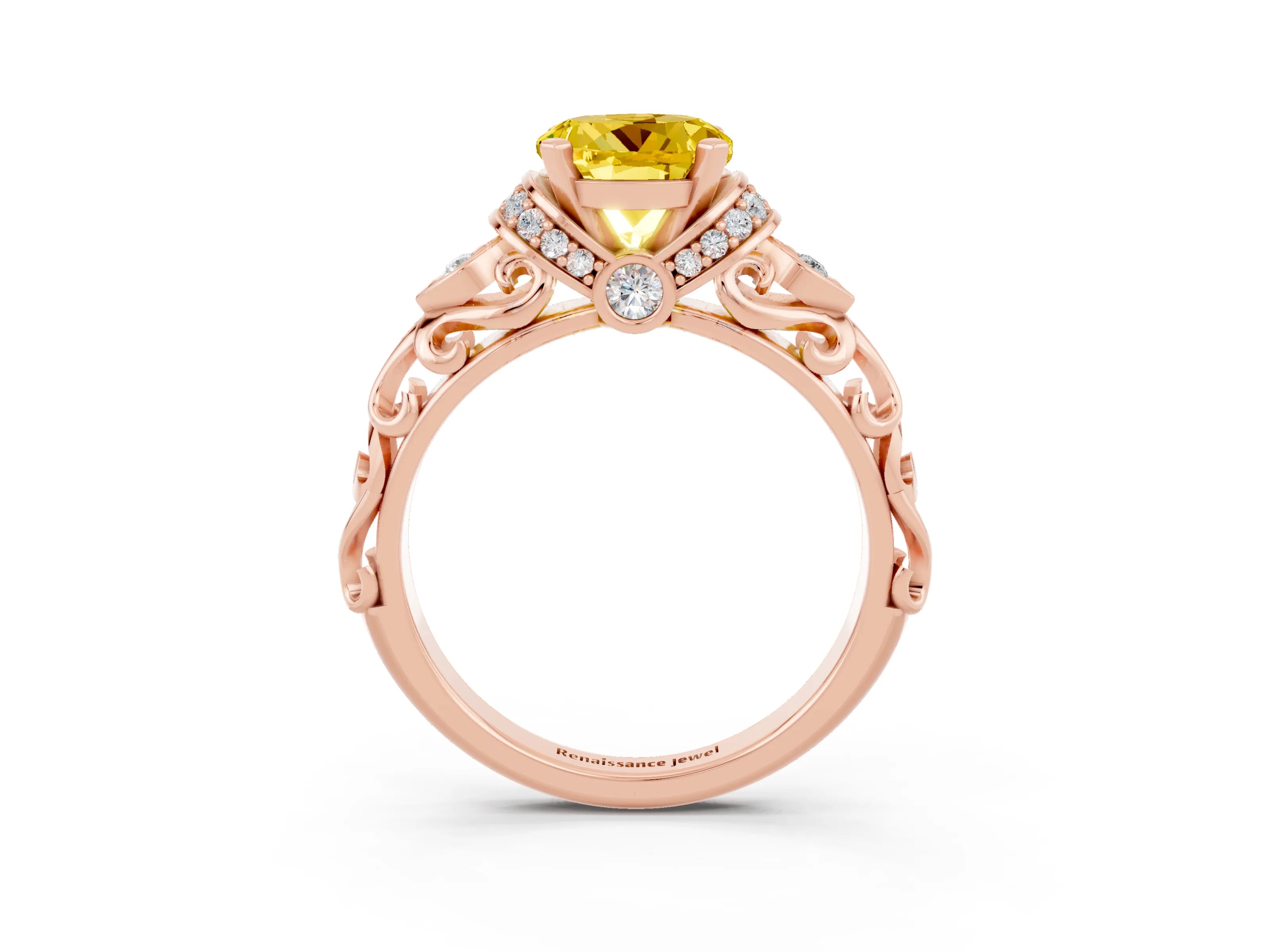 Rose gold Round Cut Yellow Sapphire Solitaire Ring with Filigree Band and Four-Prong Setting_51