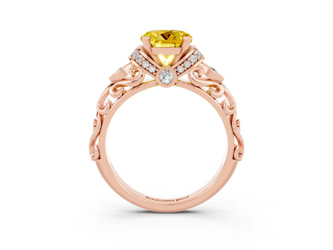 Rose gold Round Cut Yellow Sapphire Solitaire Ring with Filigree Band and Four-Prong Setting_51
