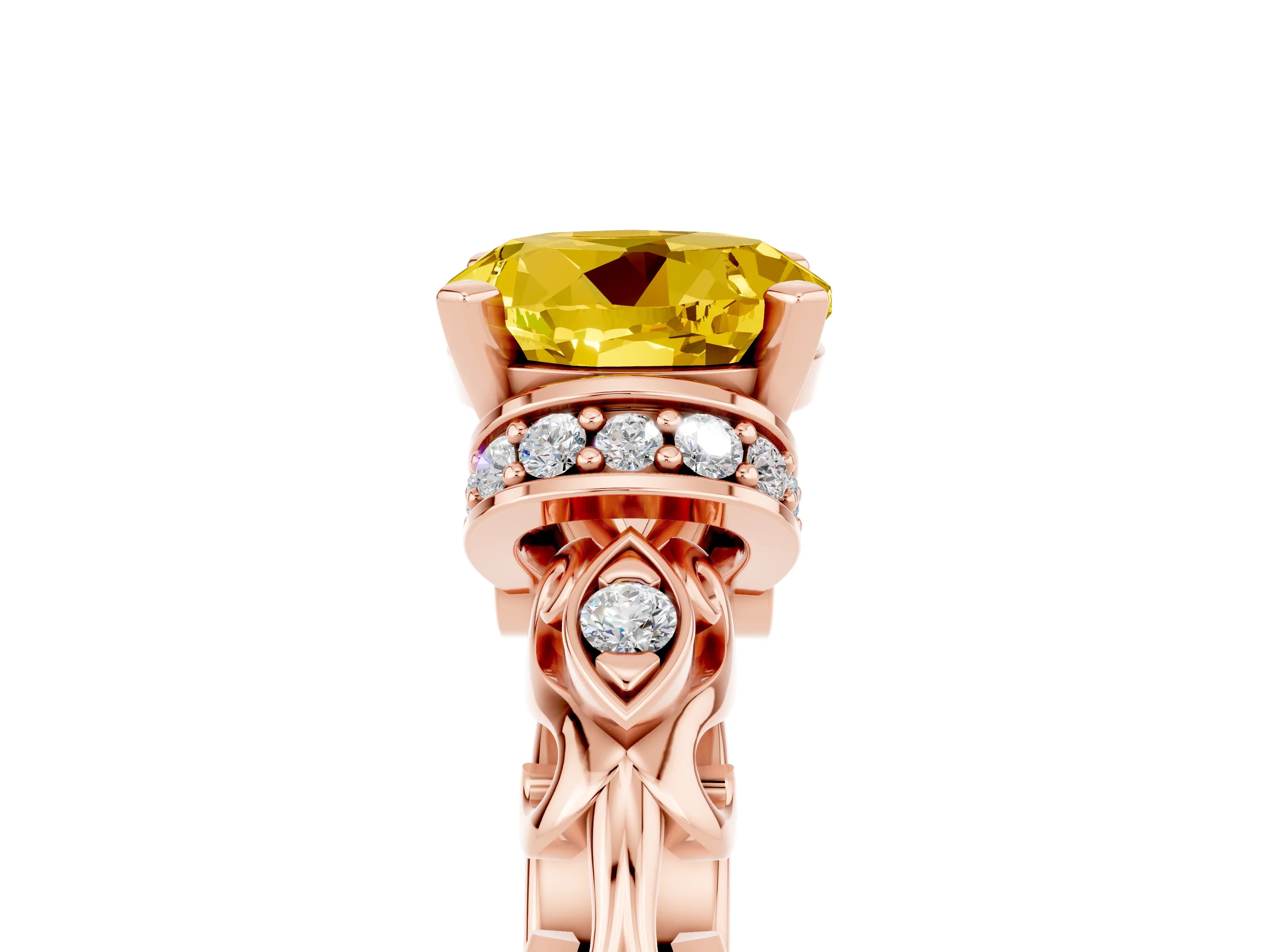 Rose gold Round Cut Yellow Sapphire Solitaire Ring with Filigree Band and Four-Prong Setting_53