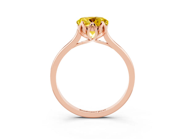 Rose gold Round Cut Yellow Sapphire Solitaire Ring with Flower Prong Setting and Classic Band