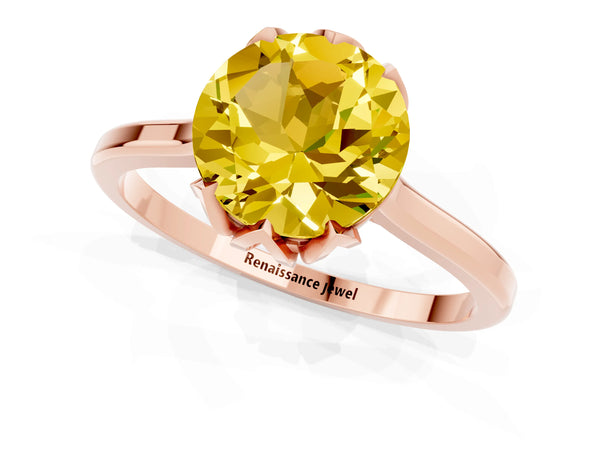 Rose gold Round Cut Yellow Sapphire Solitaire Ring with Flower Prong Setting and Classic Band