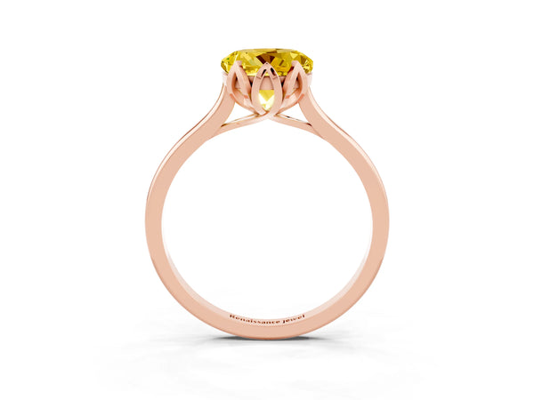 Rose gold Round Cut Yellow Sapphire Solitaire Ring with Flower Prong Setting and Classic Band