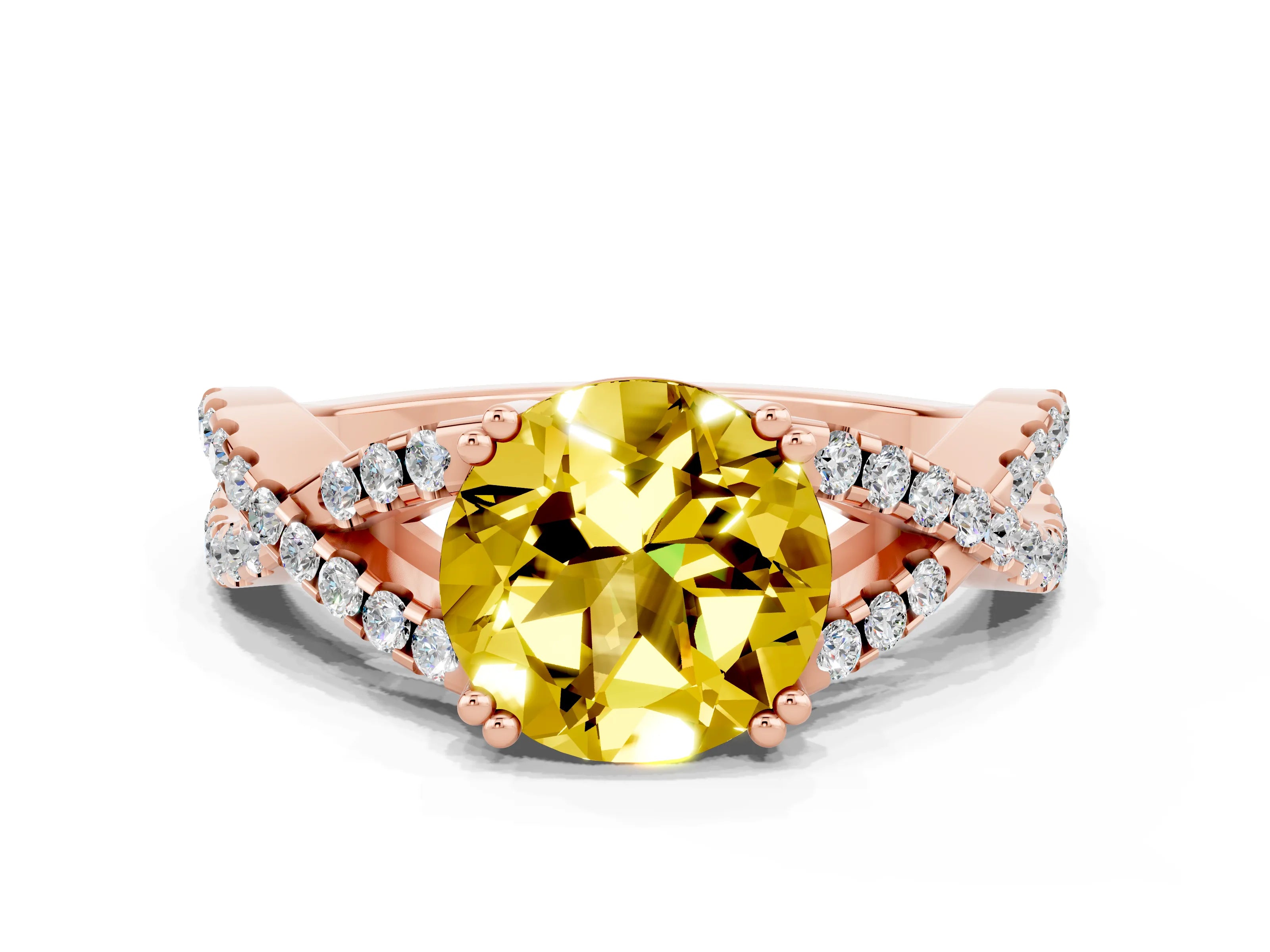 Rose gold Round Cut Yellow Sapphire Solitaire Ring with Four-Prong Setting and Twisted Pavé Band_12