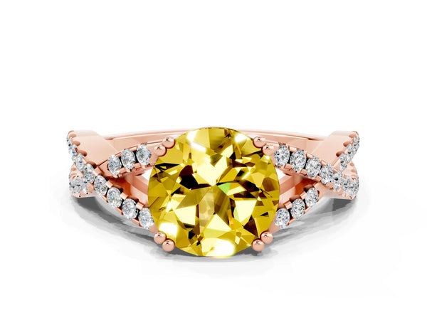 Rose gold Round Cut Yellow Sapphire Solitaire Ring with Four-Prong Setting and Twisted Pavé Band