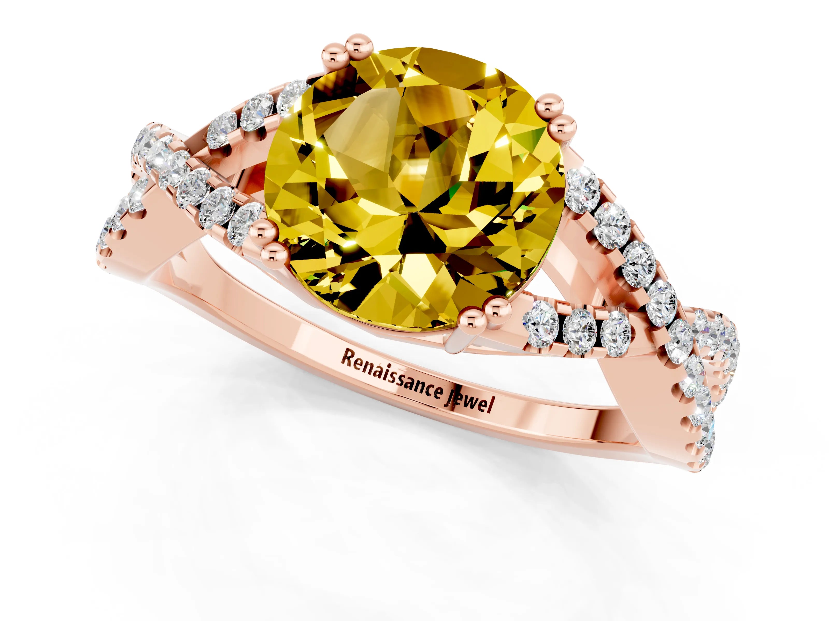 Rose gold Round Cut Yellow Sapphire Solitaire Ring with Four-Prong Setting and Twisted Pavé Band_13