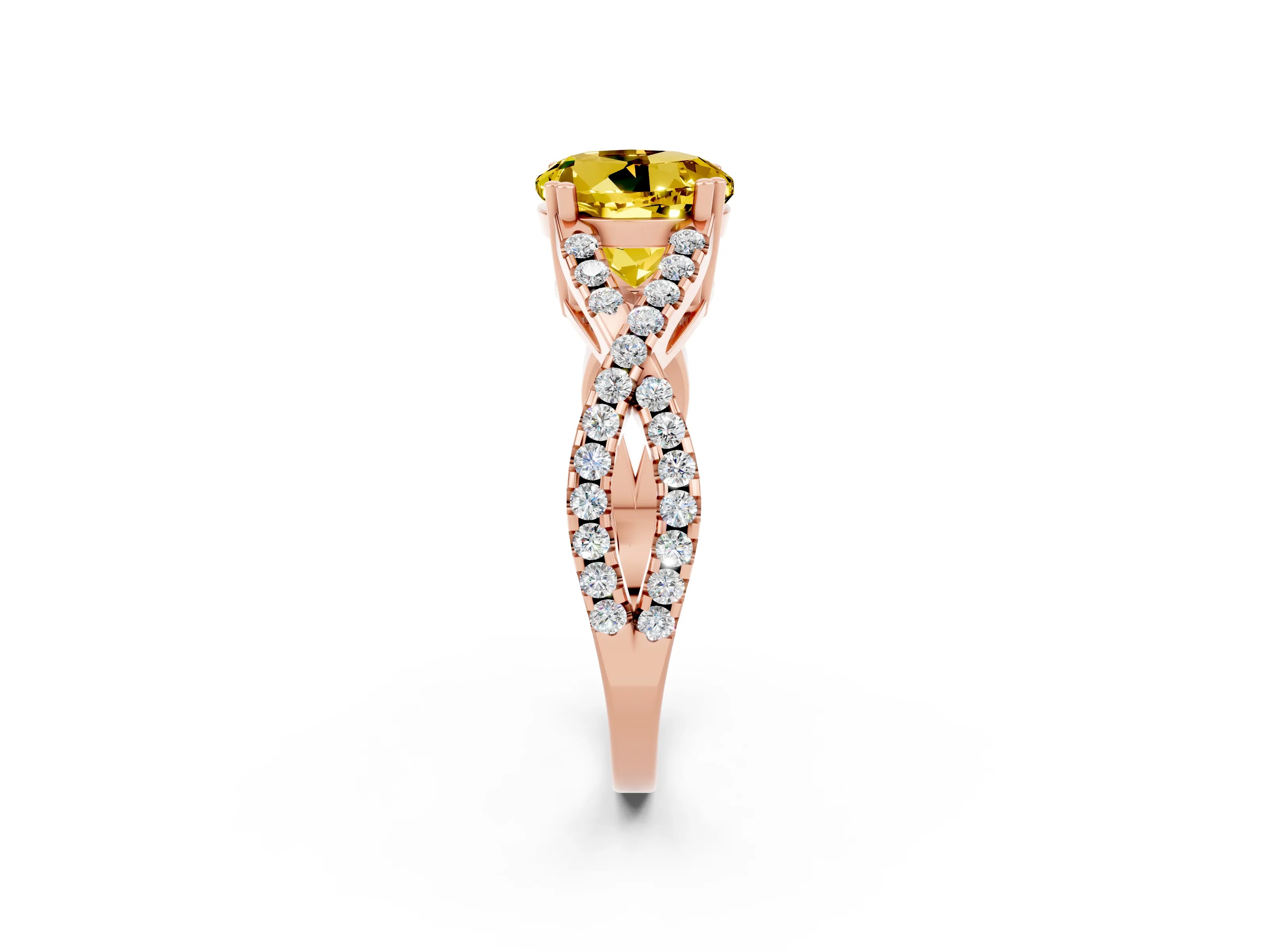 Rose gold Round Cut Yellow Sapphire Solitaire Ring with Four-Prong Setting and Twisted Pavé Band_14