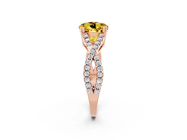 Rose gold Round Cut Yellow Sapphire Solitaire Ring with Four-Prong Setting and Twisted Pavé Band