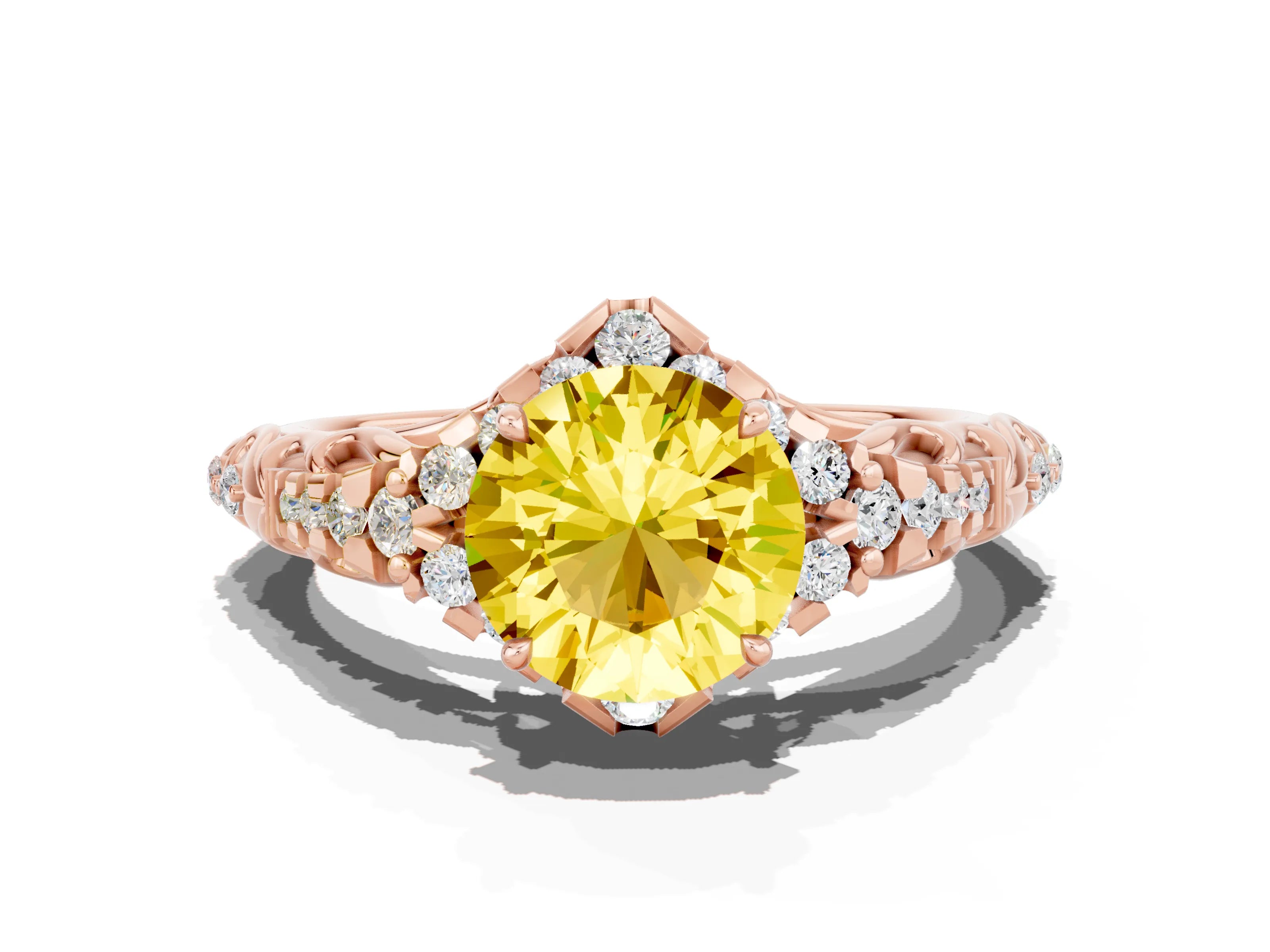 Rose gold Round Cut Yellow Sapphire Solitaire Ring with Hidden Halo and Pavé Band_35