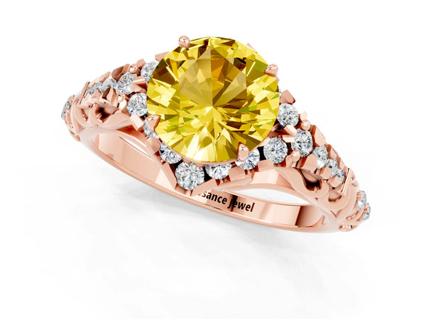 Rose gold Round Cut Yellow Sapphire Solitaire Ring with Hidden Halo and Pavé Band
