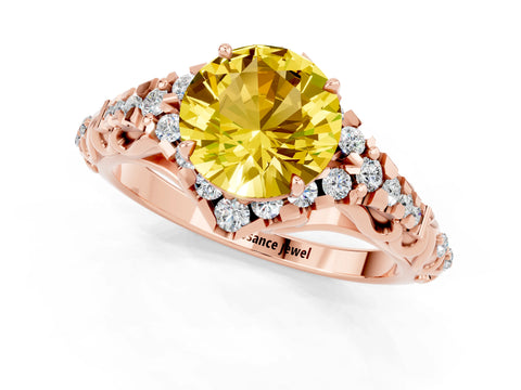 Rose gold Round Cut Yellow Sapphire Solitaire Ring with Hidden Halo and Pavé Band_36