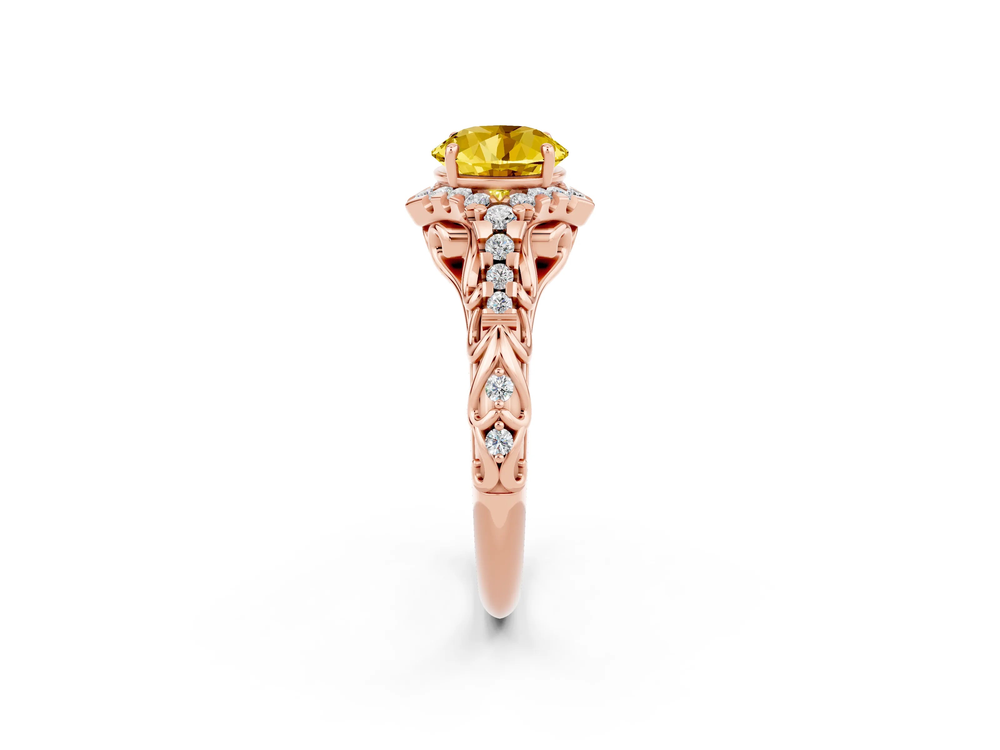 Rose gold Round Cut Yellow Sapphire Solitaire Ring with Hidden Halo and Pavé Band_37