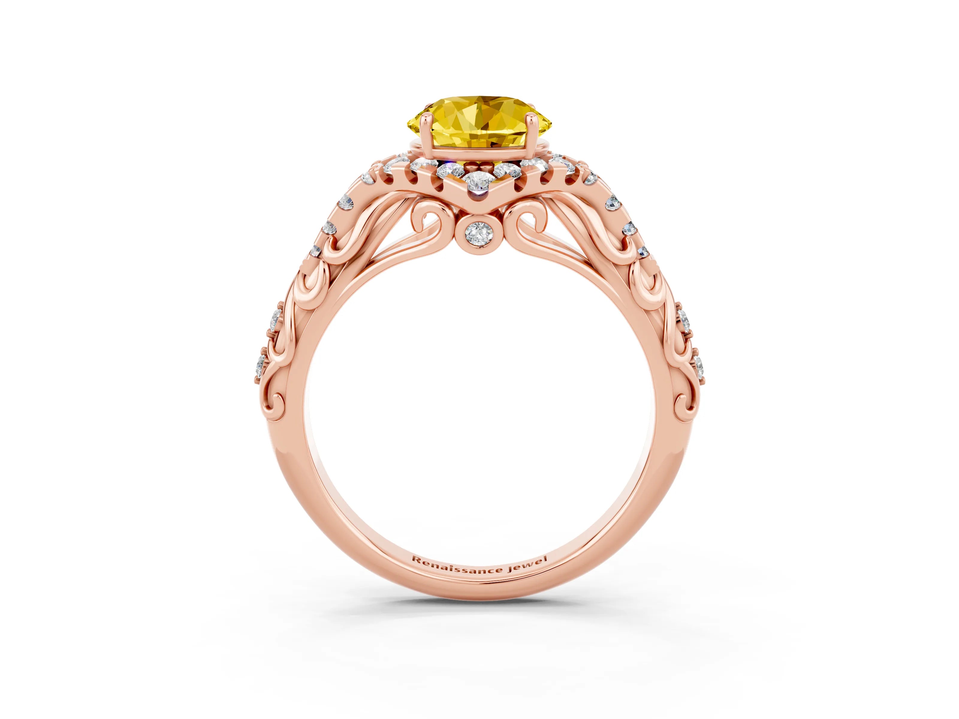 Rose gold Round Cut Yellow Sapphire Solitaire Ring with Hidden Halo and Pavé Band_38