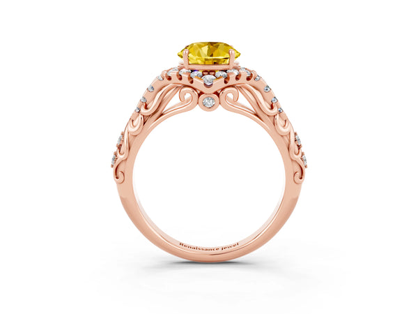 Rose gold Round Cut Yellow Sapphire Solitaire Ring with Hidden Halo and Pavé Band