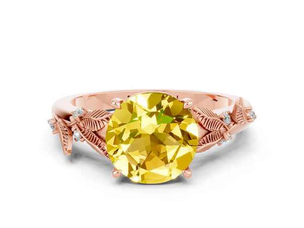 Rose gold Round Cut Yellow Sapphire Solitaire Ring with Leaf Motif Band and Four-Prong Setting