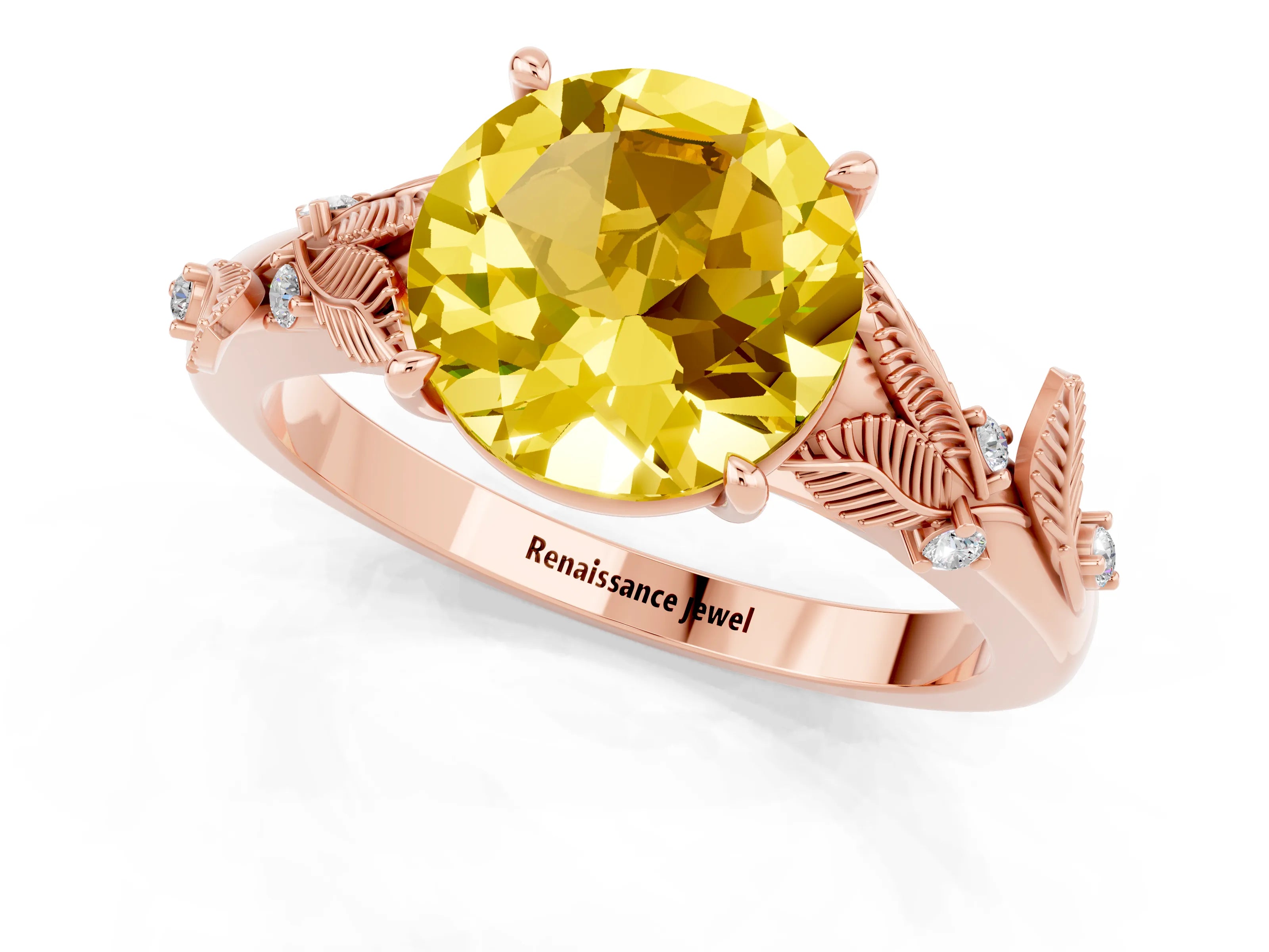 Rose gold Round Cut Yellow Sapphire Solitaire Ring with Leaf Motif Band and Four-Prong Setting_1