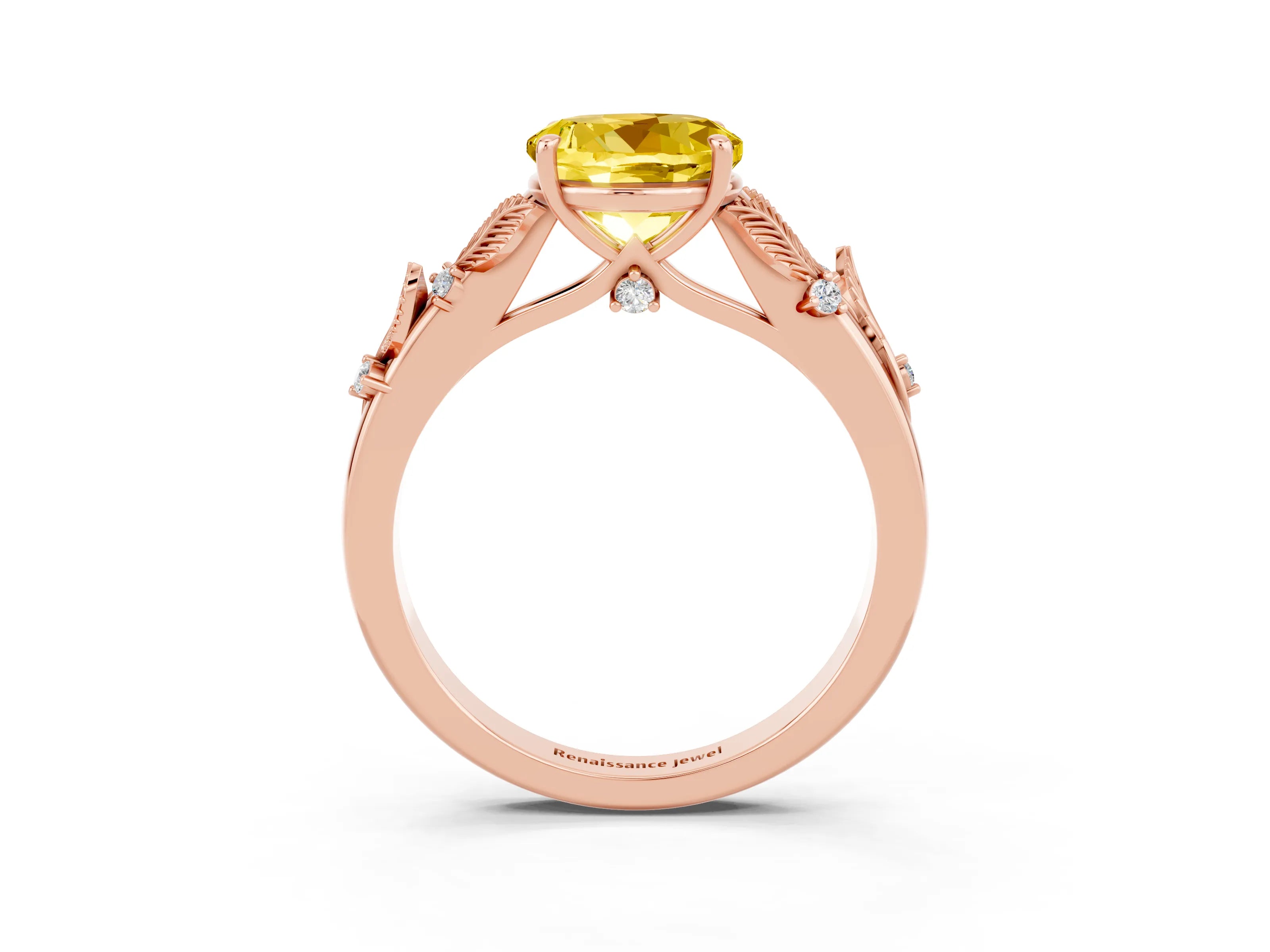 Rose gold Round Cut Yellow Sapphire Solitaire Ring with Leaf Motif Band and Four-Prong Setting_3