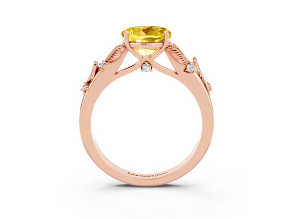 Rose gold Round Cut Yellow Sapphire Solitaire Ring with Leaf Motif Band and Four-Prong Setting