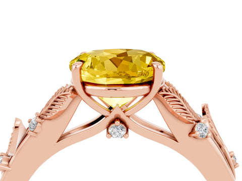 Rose gold Round Cut Yellow Sapphire Solitaire Ring with Leaf Motif Band and Four-Prong Setting_4
