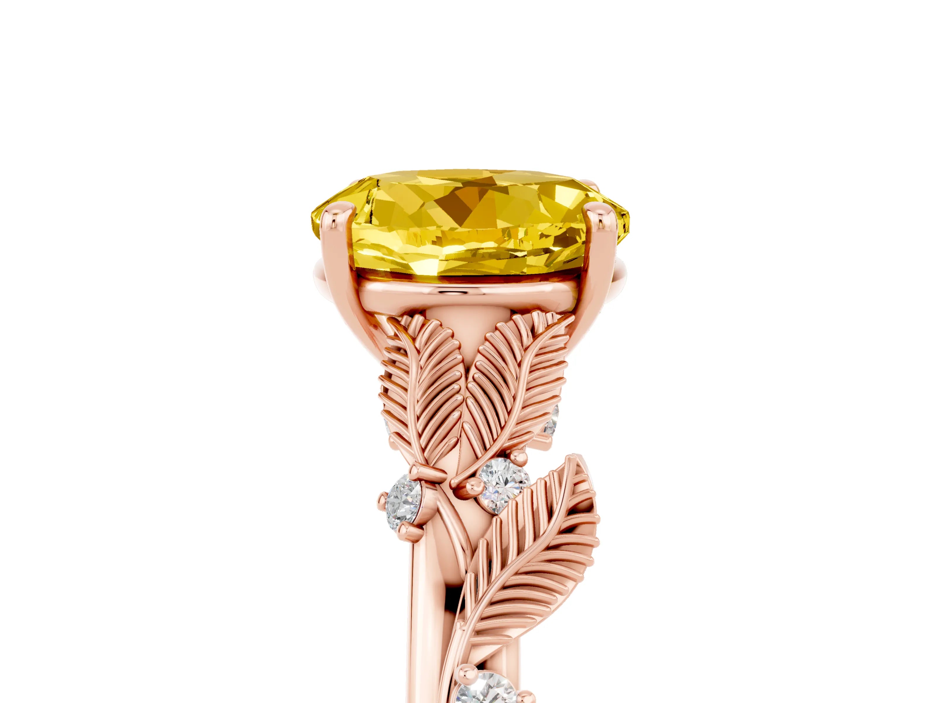 Rose gold Round Cut Yellow Sapphire Solitaire Ring with Leaf Motif Band and Four-Prong Setting_5