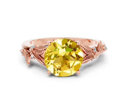 Rose gold Round Cut Yellow Sapphire Solitaire Ring with Leaf Motif Band and Four-Prong Setting