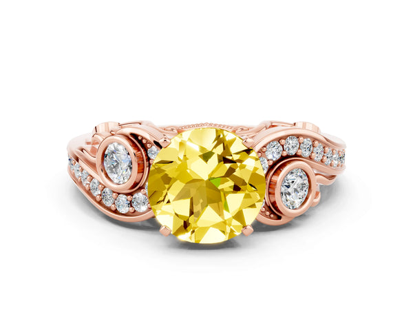 Rose gold Round Cut Yellow Sapphire Solitaire Ring with Milgrain Pavé Band and Four-Prong Setting