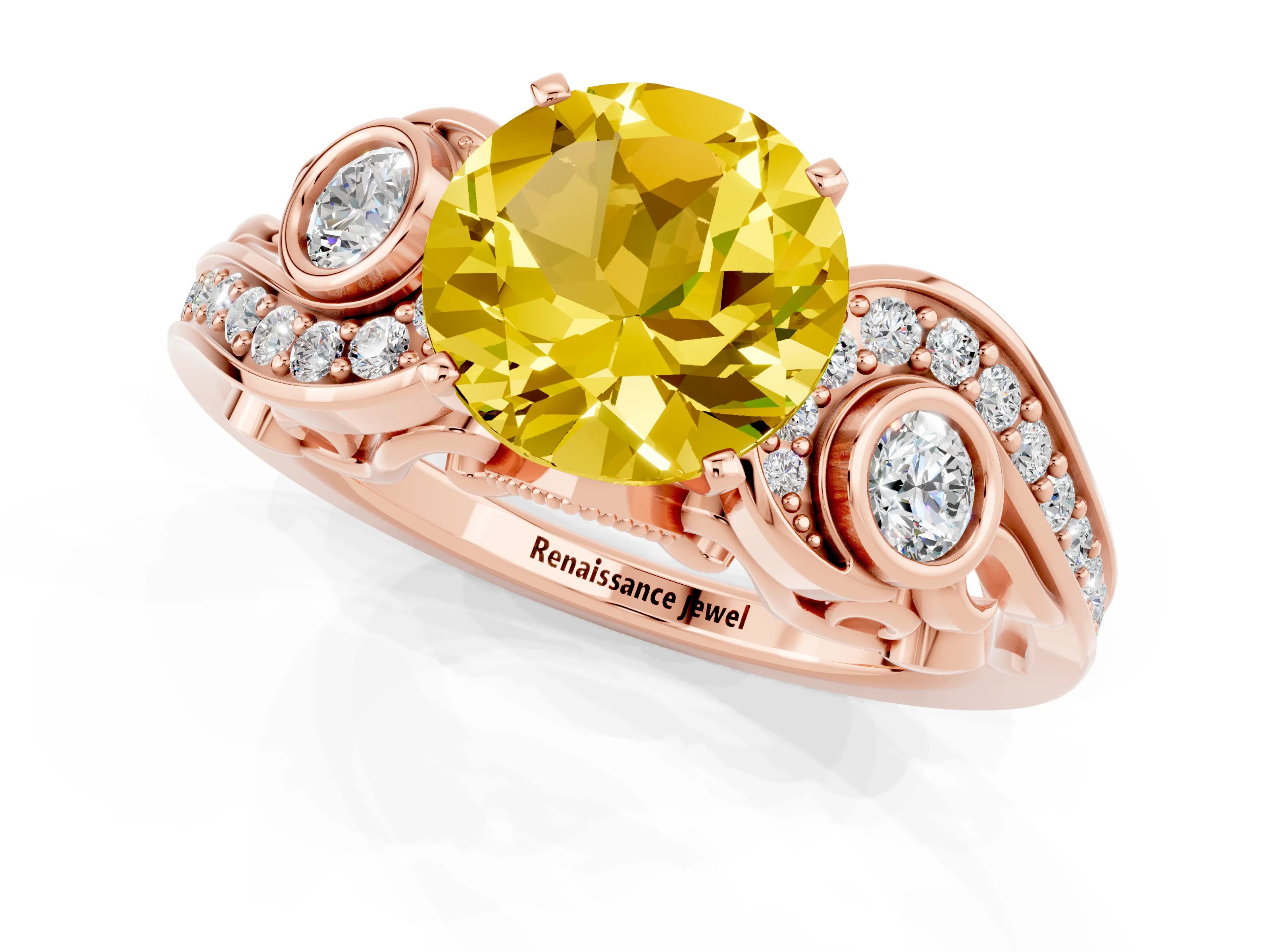 Rose gold Round Cut Yellow Sapphire Solitaire Ring with Milgrain Pavé Band and Four-Prong Setting_25
