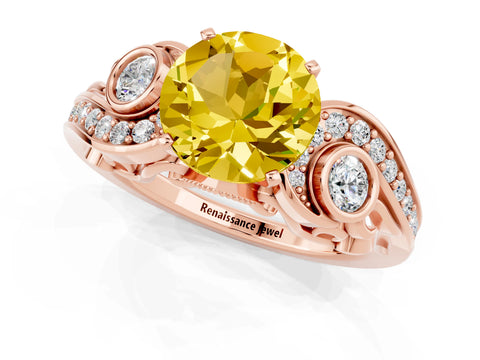 Rose gold Round Cut Yellow Sapphire Solitaire Ring with Milgrain Pavé Band and Four-Prong Setting_25