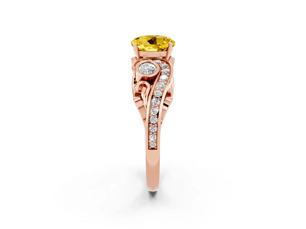 Rose gold Round Cut Yellow Sapphire Solitaire Ring with Milgrain Pavé Band and Four-Prong Setting