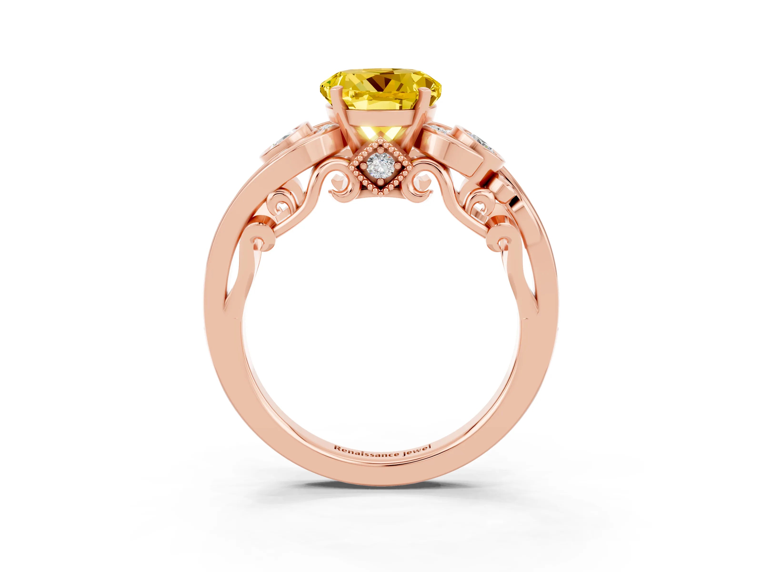 Rose gold Round Cut Yellow Sapphire Solitaire Ring with Milgrain Pavé Band and Four-Prong Setting_27