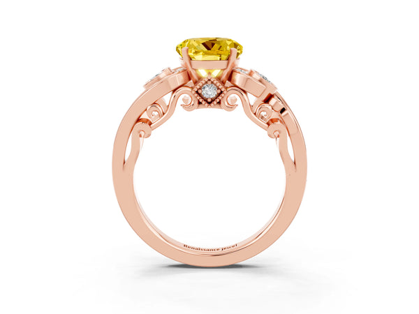 Rose gold Round Cut Yellow Sapphire Solitaire Ring with Milgrain Pavé Band and Four-Prong Setting