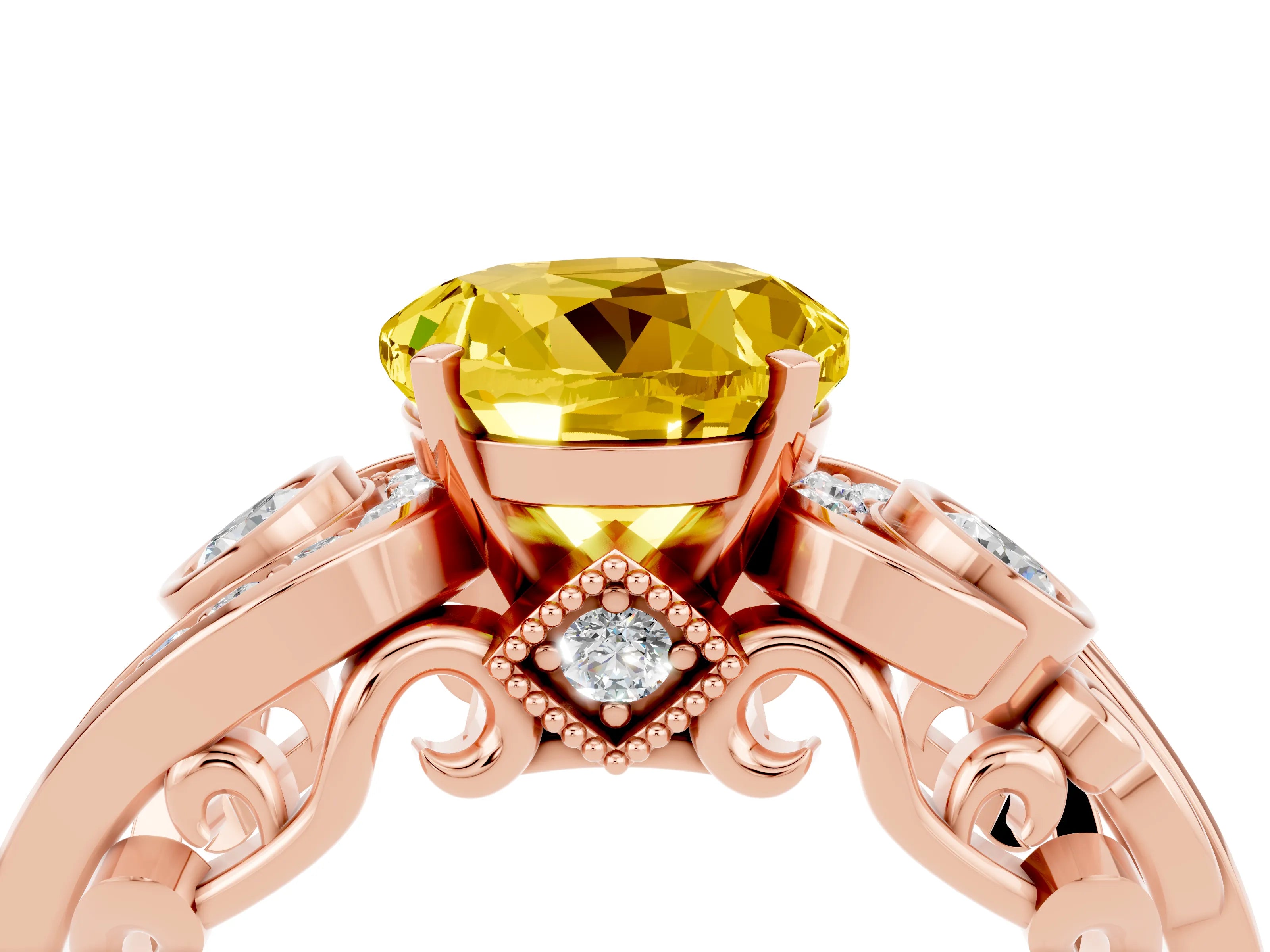 Rose gold Round Cut Yellow Sapphire Solitaire Ring with Milgrain Pavé Band and Four-Prong Setting_28