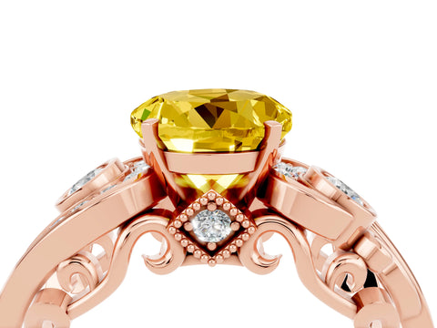 Rose gold Round Cut Yellow Sapphire Solitaire Ring with Milgrain Pavé Band and Four-Prong Setting_28