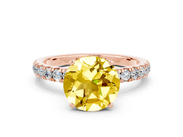 Rose gold Round Cut Yellow Sapphire Solitaire Ring with Pavé Accents and Four-Prong Setting
