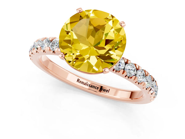 Rose gold Round Cut Yellow Sapphire Solitaire Ring with Pavé Accents and Four-Prong Setting
