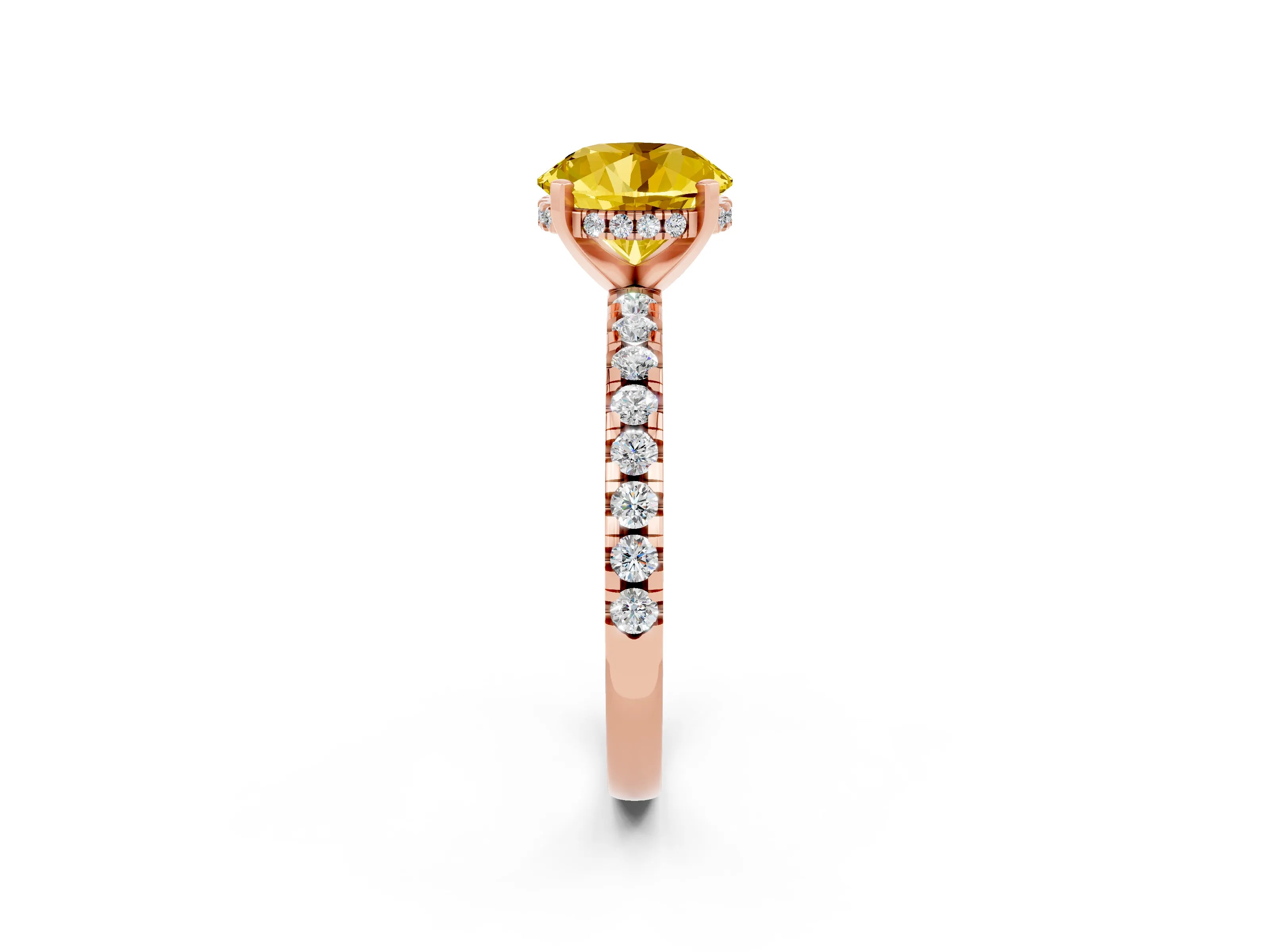 Rose gold Round Cut Yellow Sapphire Solitaire Ring with Pavé Band and Four-Prong Setting_62