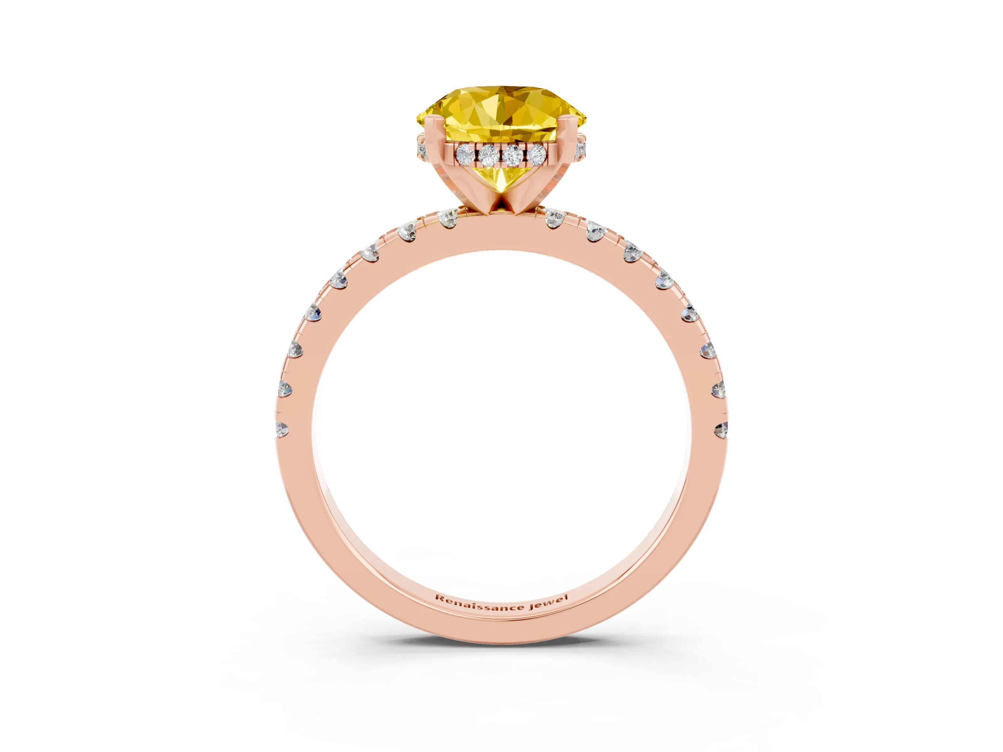 Rose gold Round Cut Yellow Sapphire Solitaire Ring with Pavé Band and Four-Prong Setting_63