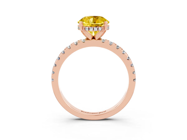 Rose gold Round Cut Yellow Sapphire Solitaire Ring with Round  Pavé Band and Four-Prong Setting