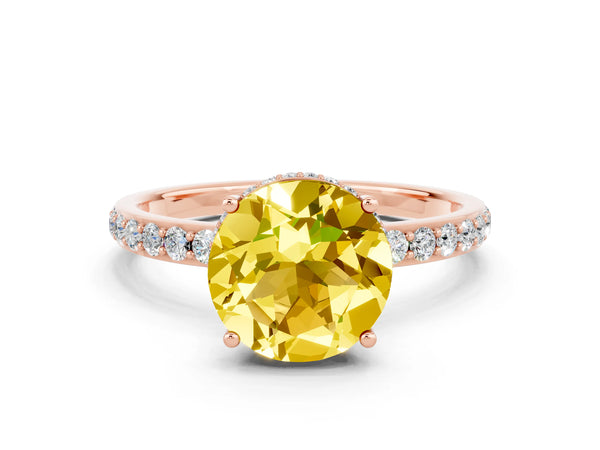 Rose gold Round Cut Yellow Sapphire Solitaire Ring with Pavé Band and Hidden Halo