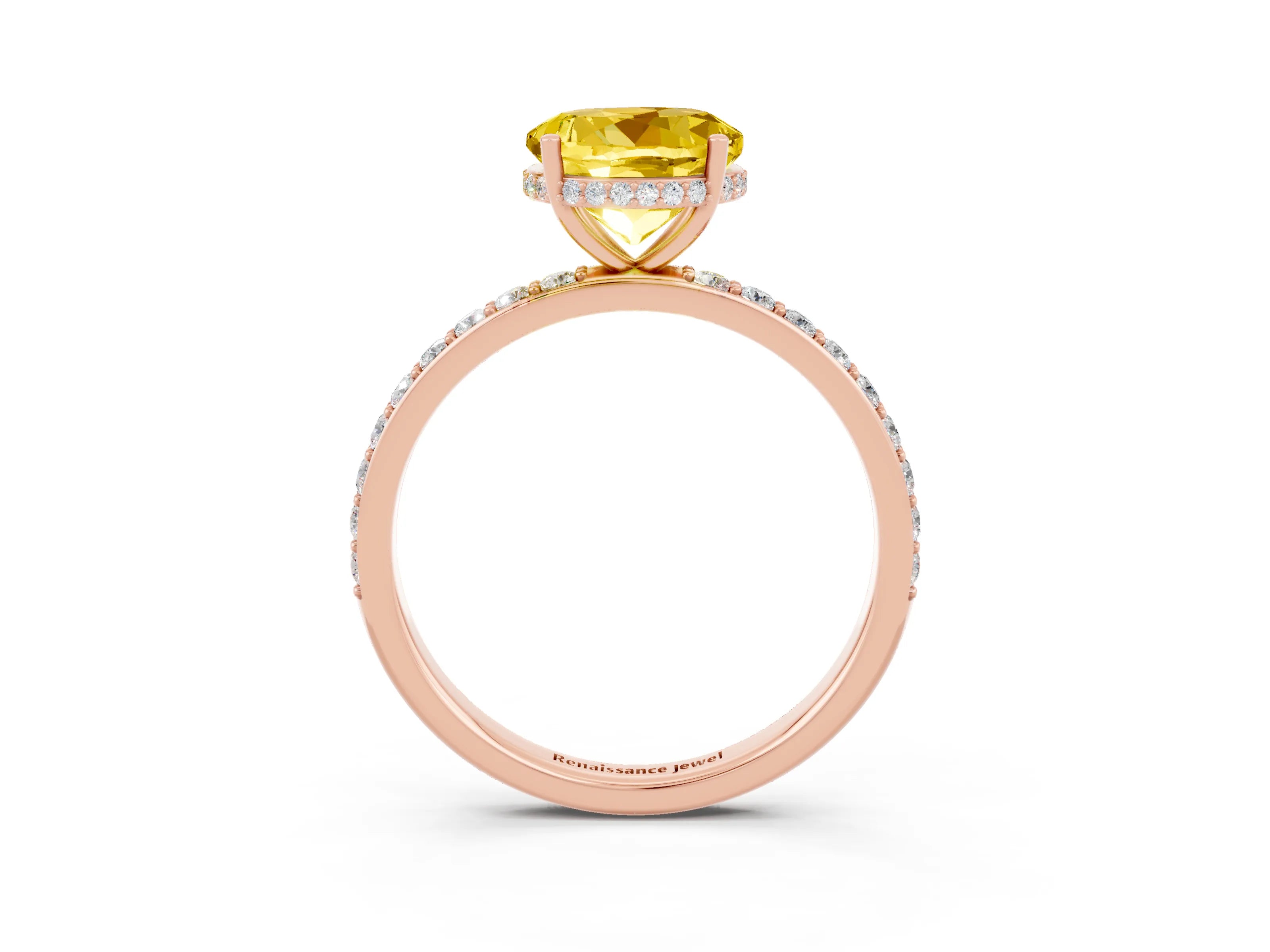 Rose gold Round Cut Yellow Sapphire Solitaire Ring with Pavé Band and Hidden Halo_15