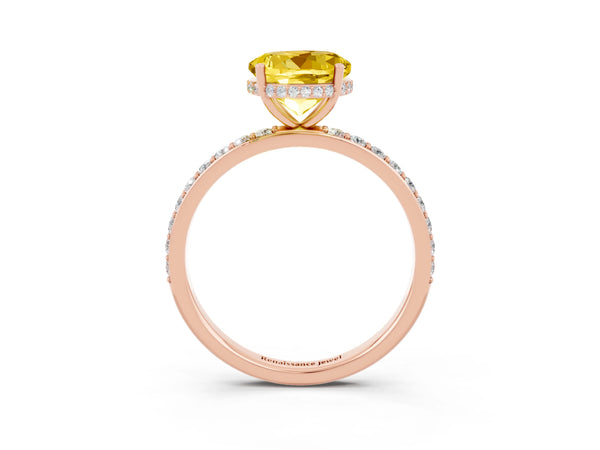 Rose gold Round Cut Yellow Sapphire Solitaire Ring with Pavé Band and Hidden Halo