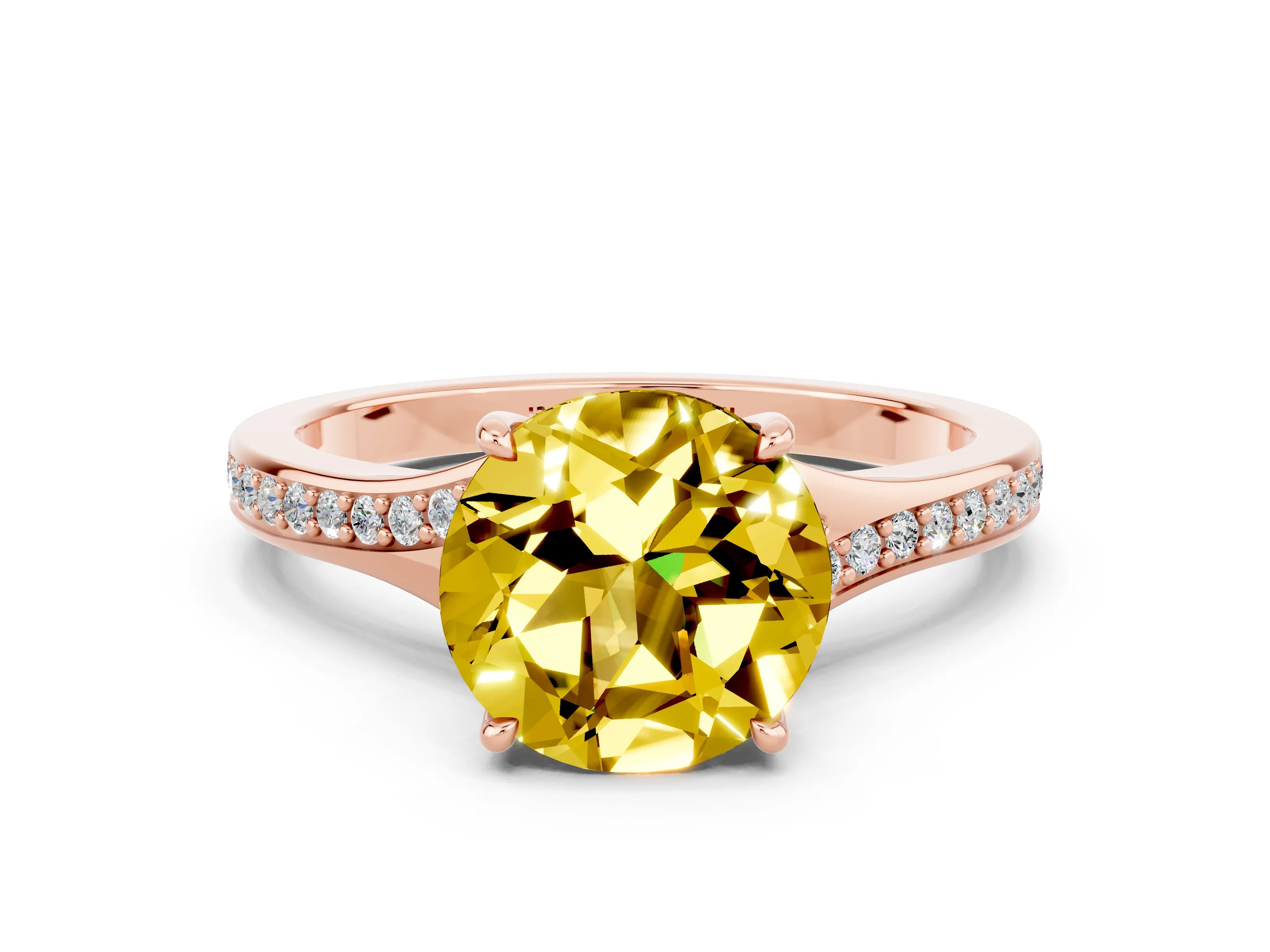 Rose gold Round Cut Yellow Sapphire Solitaire Ring with Pavé Band and Prong Setting