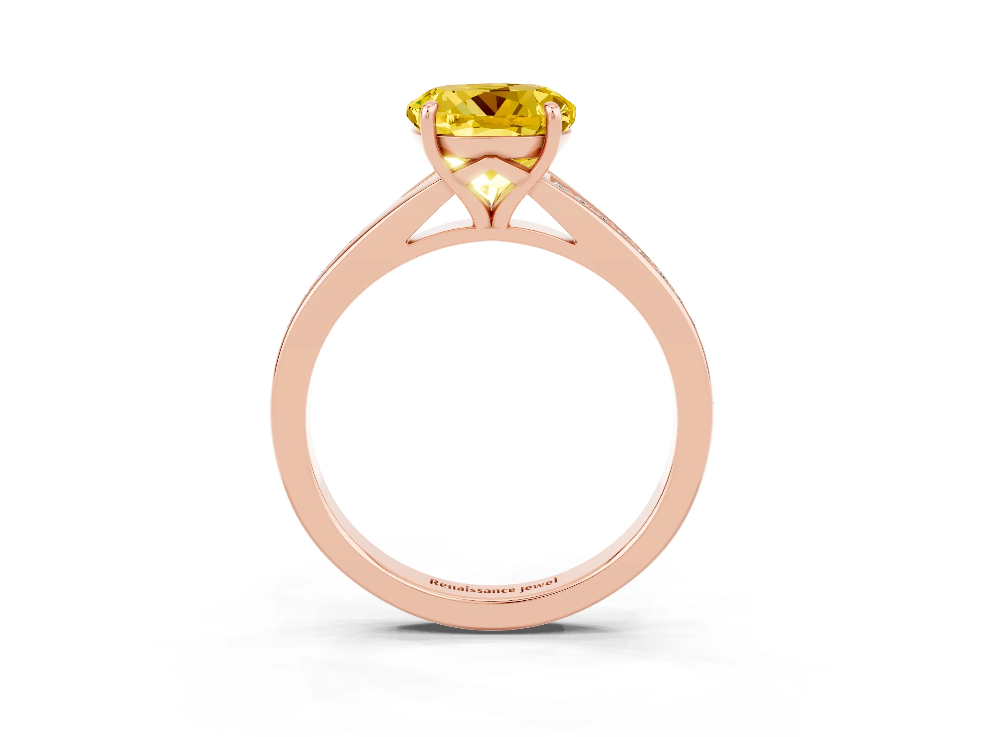 Rose gold Round Cut Yellow Sapphire Solitaire Ring with Pavé Band and Prong Setting_15