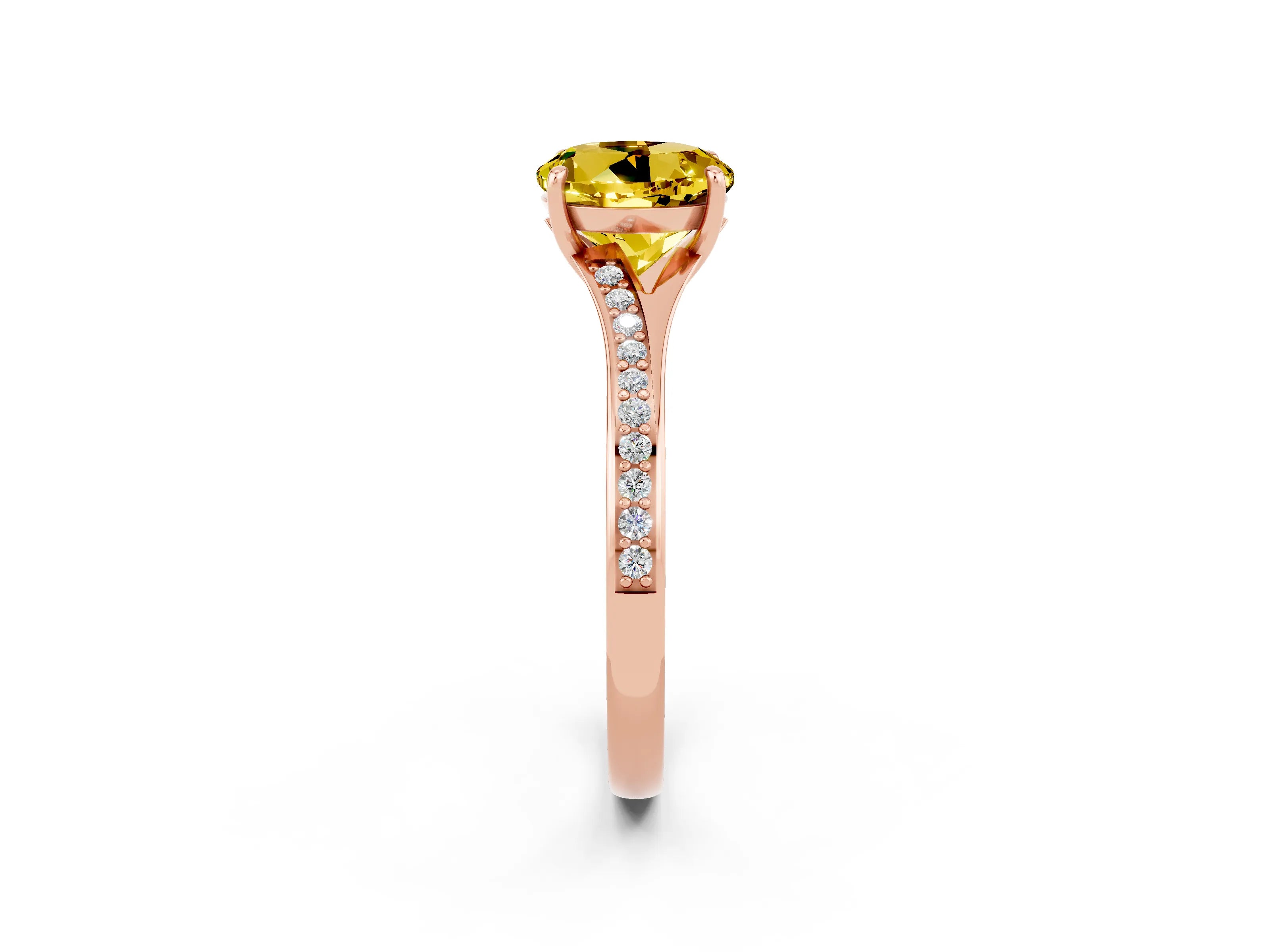 Rose gold Round Cut Yellow Sapphire Solitaire Ring with Pavé Band and Prong Setting_2