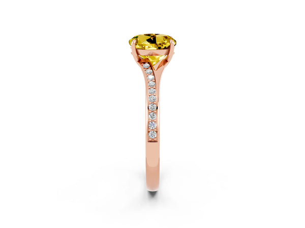Rose gold Round Cut Yellow Sapphire Solitaire Ring with Pavé Band and Prong Setting