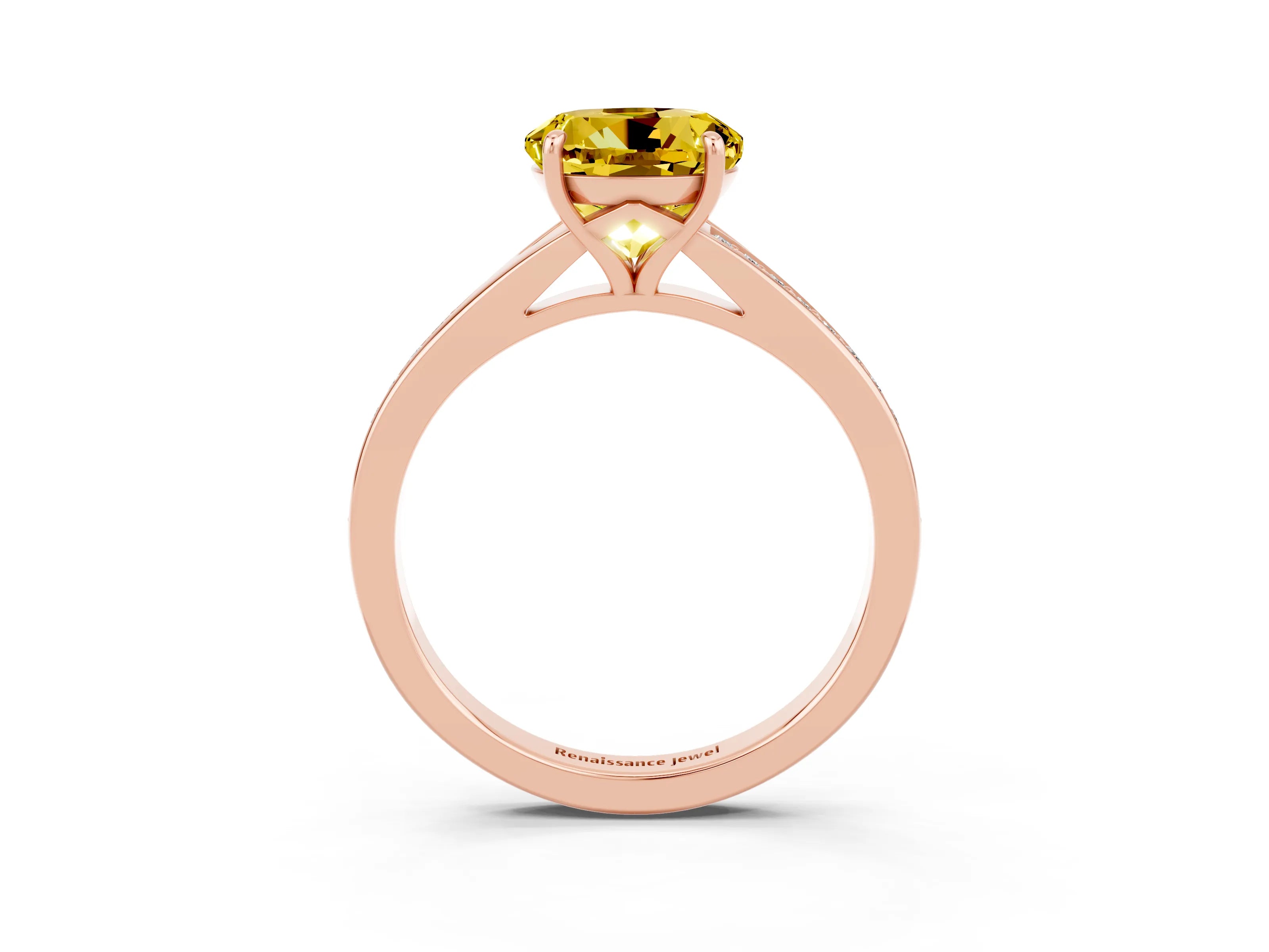 Rose gold Round Cut Yellow Sapphire Solitaire Ring with Pavé Band and Prong Setting_3