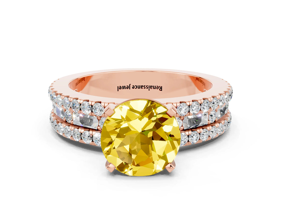 Rose gold Round Cut Yellow Sapphire Solitaire Ring with Pavé and Channel Set Band_24